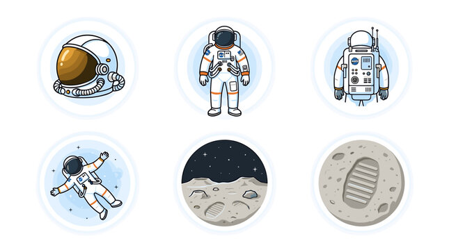 Circular space exploration icons featuring astronaut suit, helmet, floating spaceman, moon craters, and footprint on lunar surface