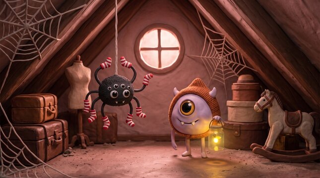 One-eyed clay creature meets a sock-wearing spider in the attic