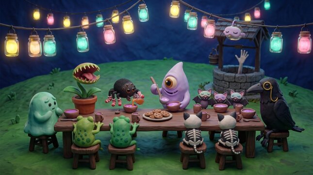 Creepy cute clay creatures sharing a midnight moon feast