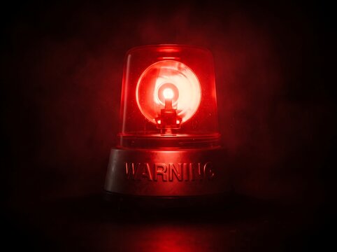 Red emergency warning light glowing in the dark with smoke. Flashing siren beacon for alert, danger, security, and hazard concepts.