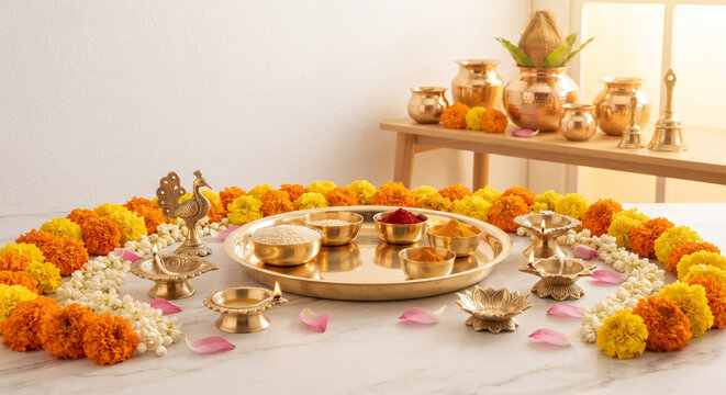 Diwali Puja Thali with Brass Diyas, Kumkum, Rice, Turmeric and Coconut Kalash Surrounded by Marigold and Jasmine Flower Garland