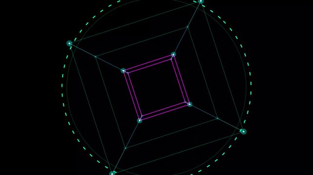 Geometric 3D wireframe cube rotating on black background