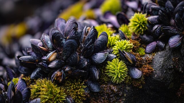 Wild mussels on rocky coastline.