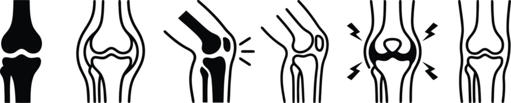 Human knee joints vector icon set showing joint anatomy and pain symbols in black color