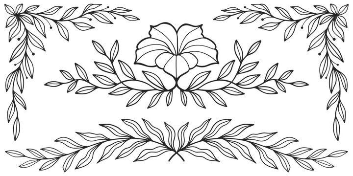floral botanical on transparent background vector. floral, flowers, leaves, foliage, branches in hand drawn. Line art blossom frame design