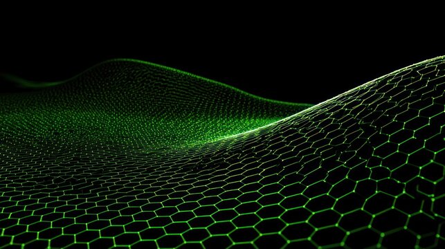 Abstract green hexagonal grid waves on black background