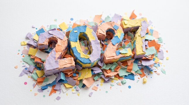 Three dimensional numbers representing the year twenty twenty four decorated with colorful confetti isolated on a clean white background for a festive new year celebration