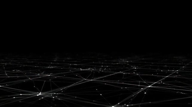 Abstract network of white lines and dots on black background