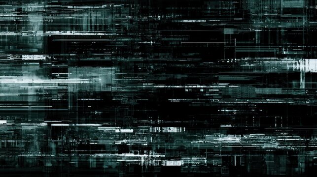 Abstract digital glitch effect with teal and black geometric lines and shapes