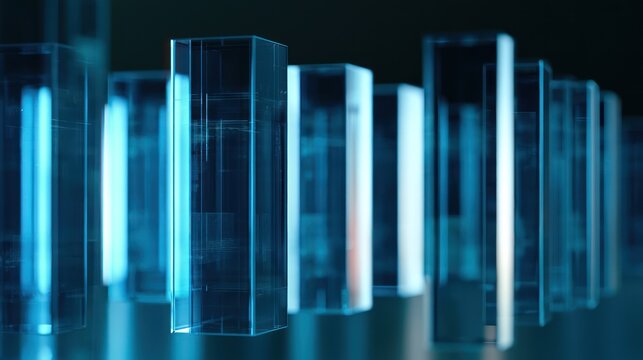 Abstract blue glass rectangular pillars in futuristic architectural setting