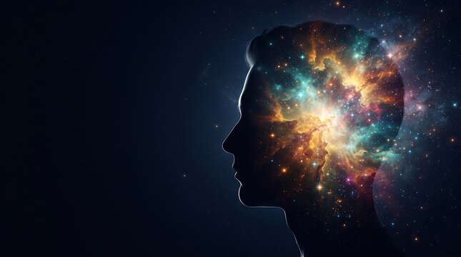 Silhouette of human head with galaxy universe inside science psychology