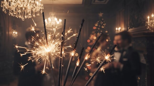 A group of friends celebrating the holiday season together by holding bright sparkling firework sticks in a cozy dimly lit room with a christmas tree