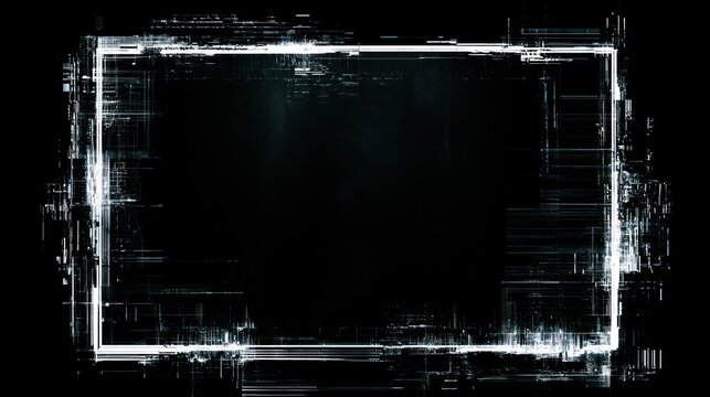 Abstract glitch frame with digital noise and bright white lines on black background