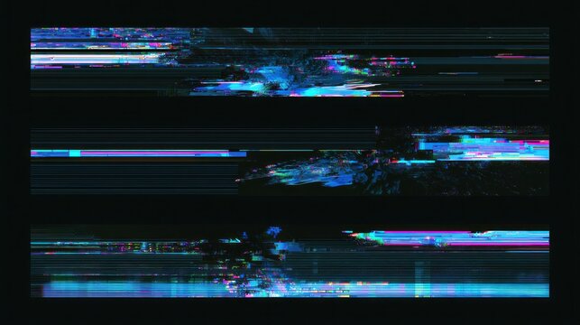 Abstract glitch art with blue and pink digital distortion on black background