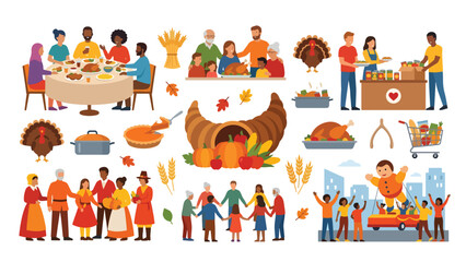 Obraz premium Thanksgiving Day Celebration with Diverse Families Enjoying Traditional Food and Community Activities