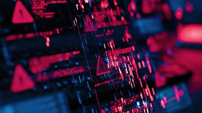 Digital warning signs and glitching data stream in red and blue