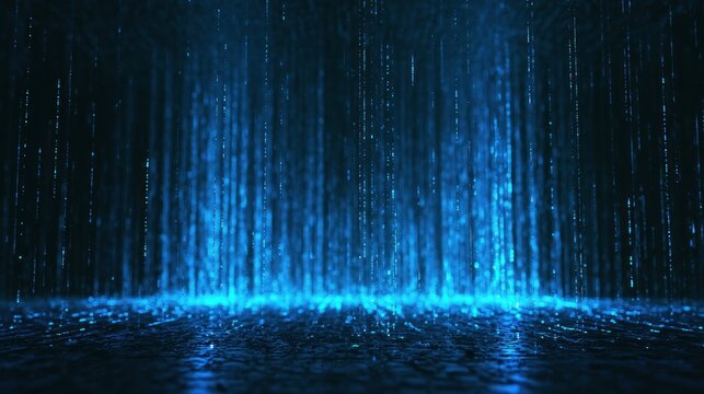 Abstract blue digital rain falling on dark ground with bright reflections