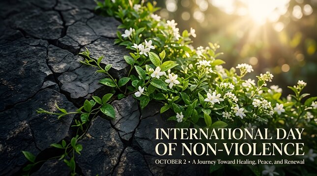 White flowers blooming on a textured rock surface for international day