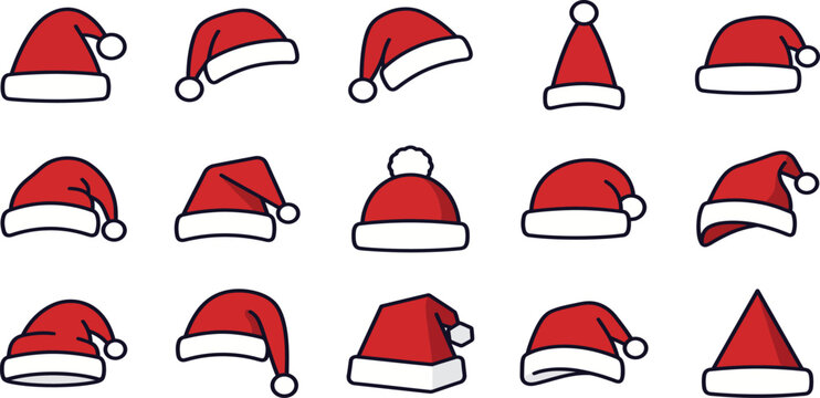 Collection of various santa claus hats in different styles and angles for christmas design