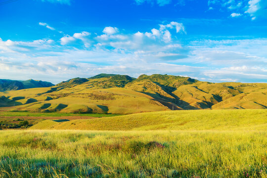 Picturesque sunrise in the Caucasus Mountains. Dagestan, Russia.