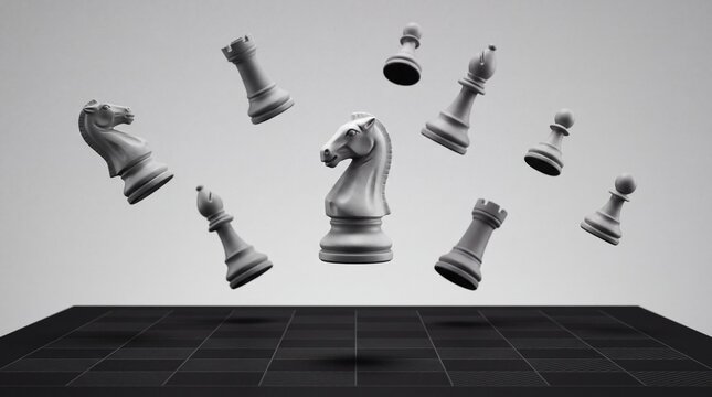 Floating ceramic chess pieces over board