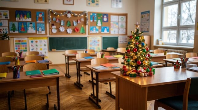 Festively decorated Christmas classroom ready for holiday learning and student celebration