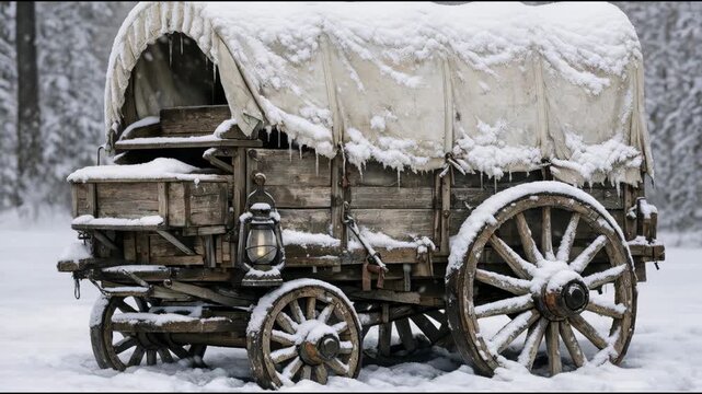 A covered wagon parked in the snow