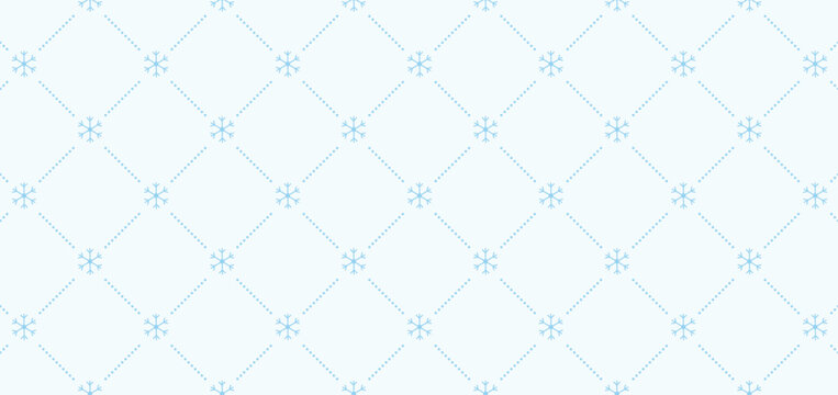 Elegant winter holiday seamless pattern with subtle blue snowflakes and dotted lattice lines on a white background.