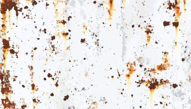 Vector rusty metal texture, weathered white background with orange stains and distressed grunge drips. For industrial backdrop, vintage banner design, aged surface layer, and urban wall overlay.