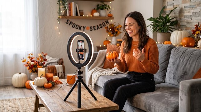 Woman smiling while video calling in cozy autumn living room with pumpkins and ring light setup