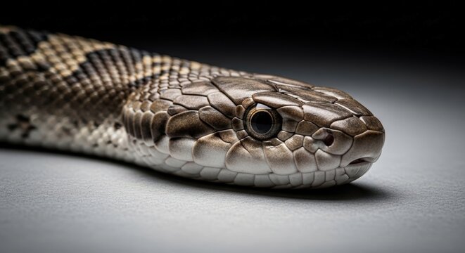 Close Up Macro Photography Of A Beautiful Snake Head With Detailed Scales And Sharp Eyes On A Smooth Gray Background Highlighting Reptile Anatomy And Natural Patterns For Wildlife Photography Enthusia