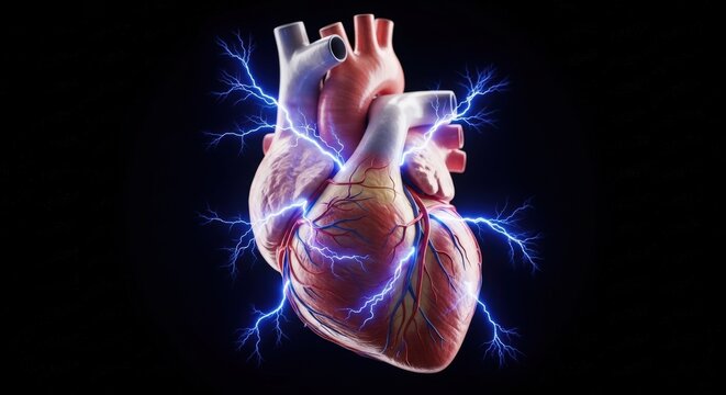 Human Heart Anatomy With Electric Lightning Bolts On Black Background Illustrating Cardiovascular Health Concepts For Medical Education And Scientific Research Visualizations In High Resolution 3D Ren