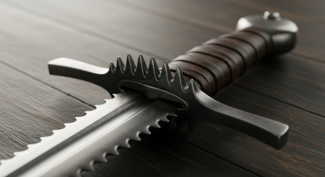 Handcrafted Viking Sword with Leather Wrapped Hilt and Jagged Blade Design Perfect for Medieval Collectors and Fantasy Enthusiasts Displaying Ancient Warrior Aesthetic on Dark Wooden Surface with Prem