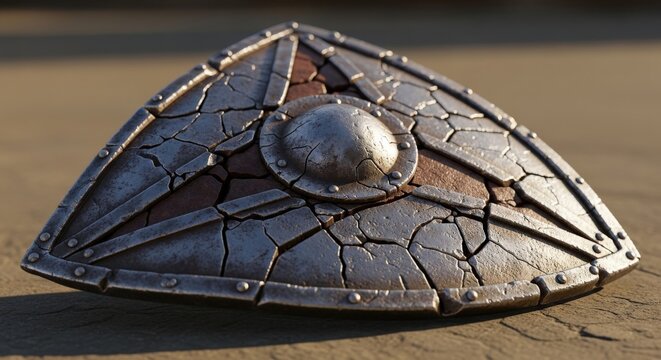 Ancient Cracked Iron Shield with Riveted Metal Plate and Weathered Medieval Design for Fantasy Prop, Film Set, and Historical Armor Display Collection