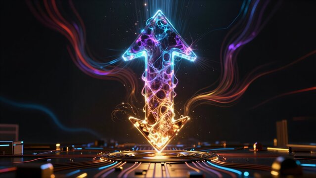 Neon arrow pulses with energy, glowing against dark tech backdrop.