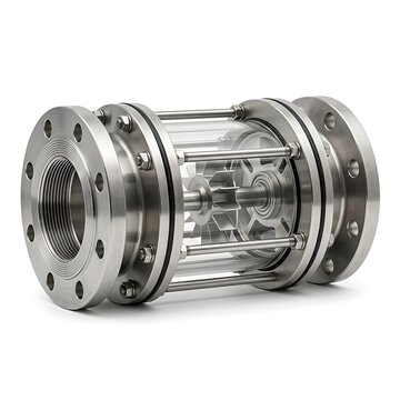 Industrial inline flow meter with stainless steel flanges and clear housing