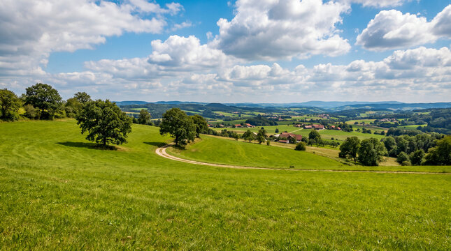 Vasto prado de hierba verde vibrante en un valle rural sereno, con colinas onduladas, &aacute;rboles frondosos y granjas dispersas bajo un cielo azul brillante con nubes blancas.