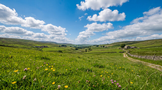 Vasto prado de hierba verde vibrante en un valle rural sereno, con colinas onduladas, &aacute;rboles frondosos y granjas dispersas bajo un cielo azul brillante con nubes blancas.