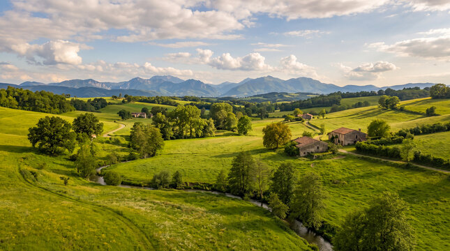 Vasto prado de hierba verde vibrante en un valle rural sereno, con colinas onduladas, &aacute;rboles frondosos y granjas dispersas bajo un cielo azul brillante con nubes blancas.