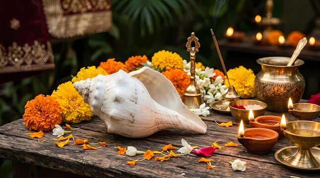 Sacred Conch Shell Puja. Traditional Shankha with Brass Diyas and Marigold Flowers. Hindu Worship and Festival Decoration. Spiritual Indian Still Life