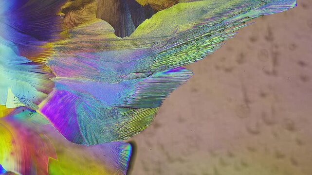 Progressive crystal front expansion with full rainbow spectrum interference colors showing fine striated structure during solidification process under polarizing optical laboratory microscope