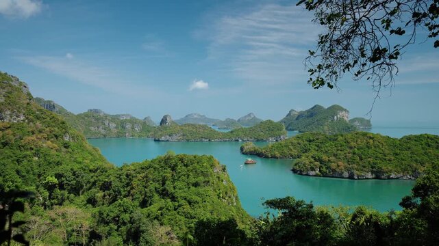 Panoramic view of Mu Ko Ang Thong National Marine Park with turquoise water and green islands in Thailand.