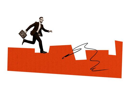Creative collage picture young businessman run achieve goal target diplomat suitcase formalwear ambitious persistence reach aim