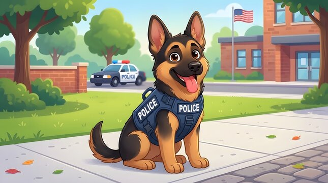 Cartoon police dog sitting on sidewalk in suburban neighborhood