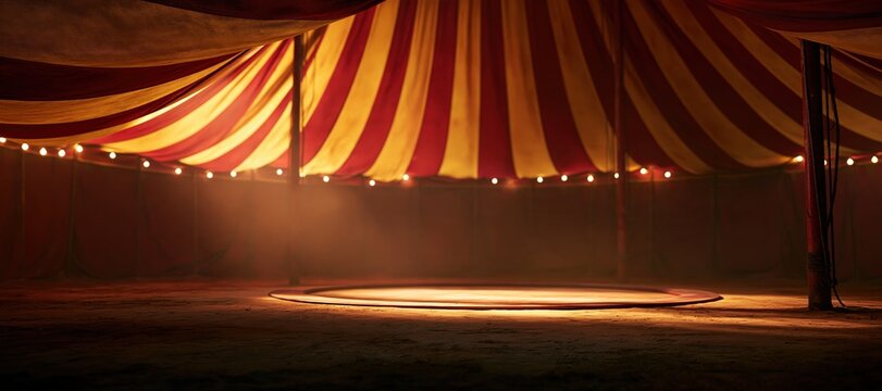 Circus tent interior with red and yellow canopy and empty round ring