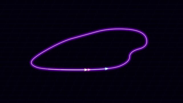 High-speed 3D-styled top-down view of Formula 1 cars racing on a glowing neon Las Vegas circuit. The race ends with a dramatic appearance of a golden championship trophy and Las Vegas Grand Prix typog