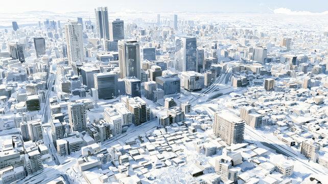 雪が積もった大都会を斜め上空から見渡す冬の水彩イラスト
