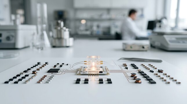 Advanced semiconductor component research and electronic circuit prototype development in a modern high technology chemistry laboratory setting