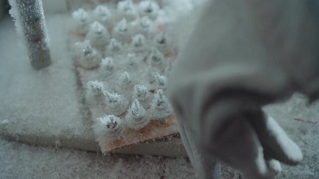 Gloved hand reaches for frozen sample plate in cold ruin, field researcher cautiously retrieves hoarfrost covered petri array near corroded radio and bunker debris, tense urgency, careful preservation
