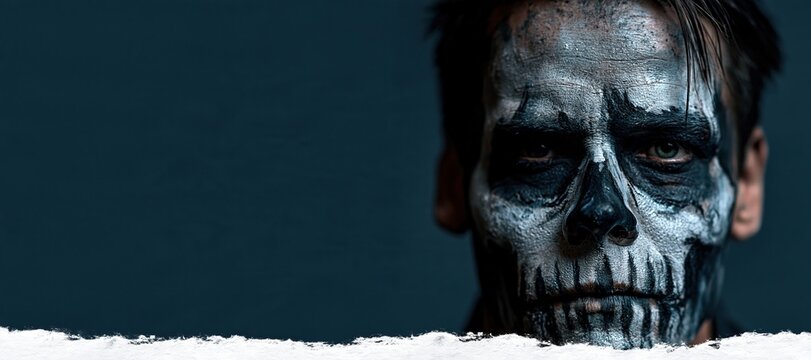 Adult with refined monochrome skull makeup against cobalt charcoal background